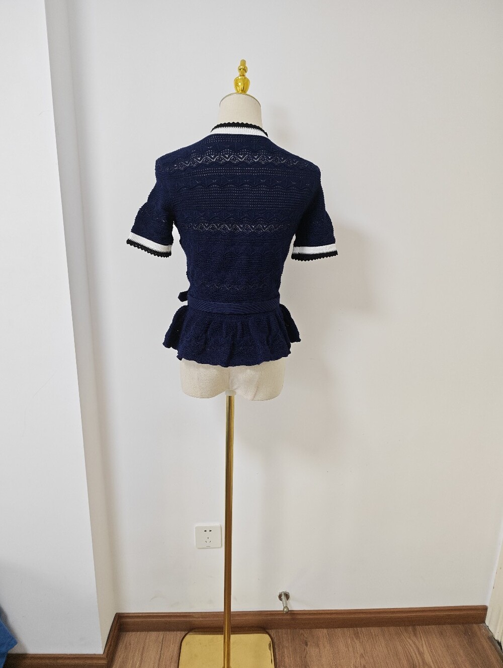 Self Portrait Navy Peplum Pointelle Knit Top - Picture 12 of 13